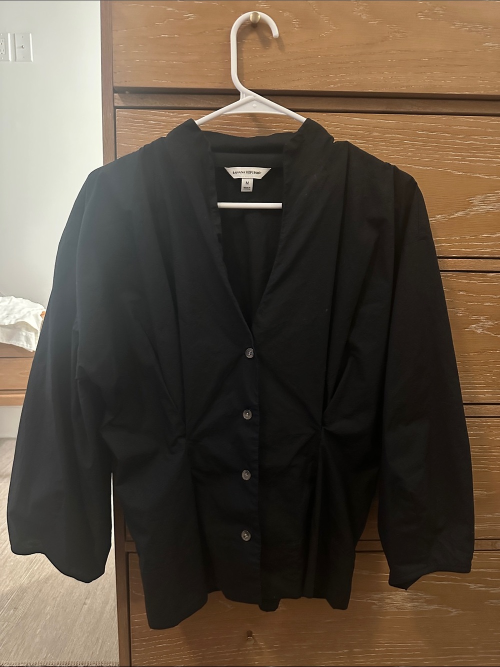 Banana Republic Black Button-Front V-Neck Shirt with Subtle Pleat Details